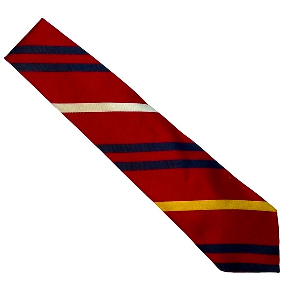 CHAPS Ralph Lauren 100% Silk Tie Red with Navy, White and Yellow Stripes - Picture 2 of 8